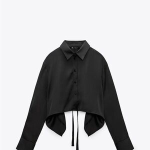 New - Zara Black Crop Satin Button Down Shirt